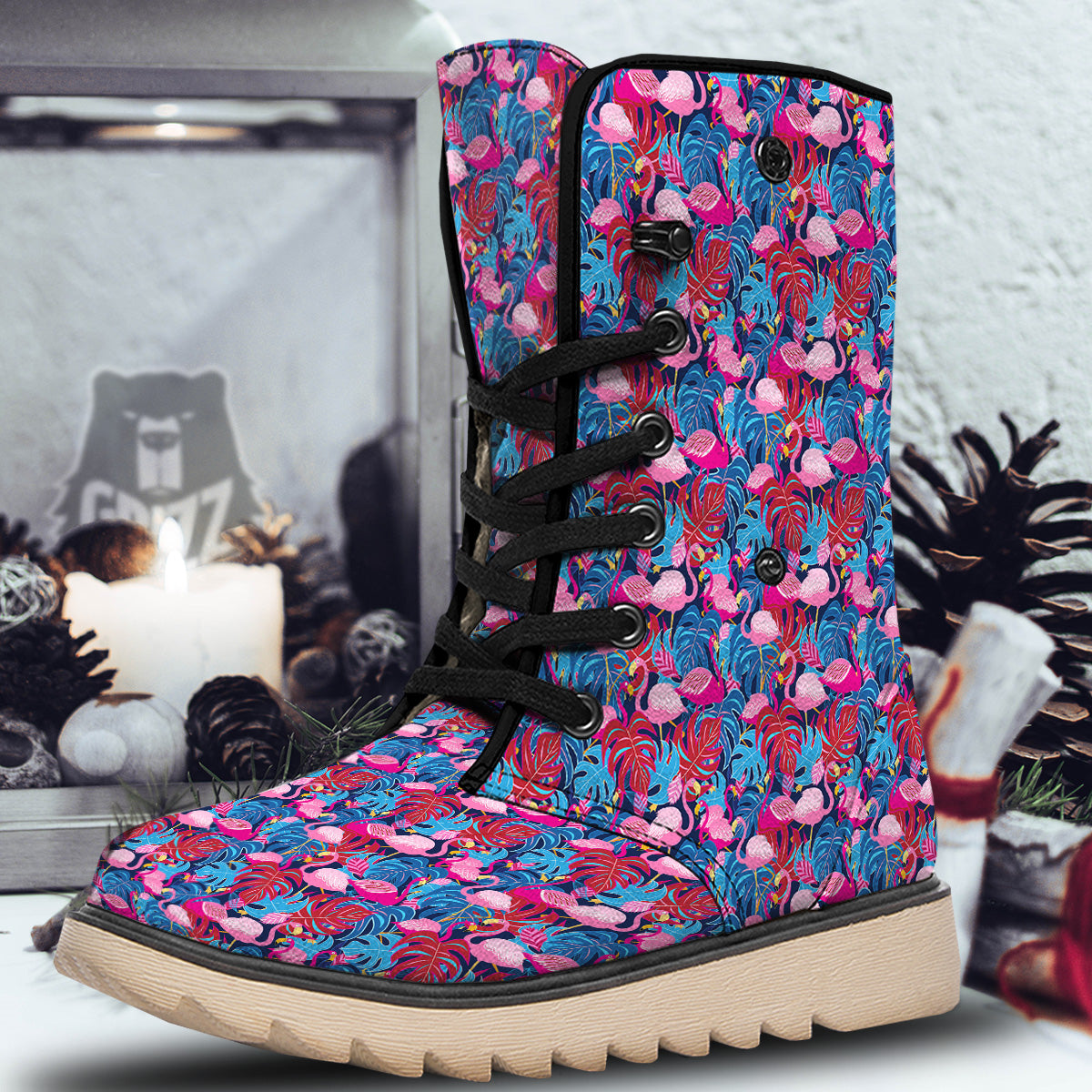 Tropical Blue And Pink Flamingo Print Snow Boots-grizzshop