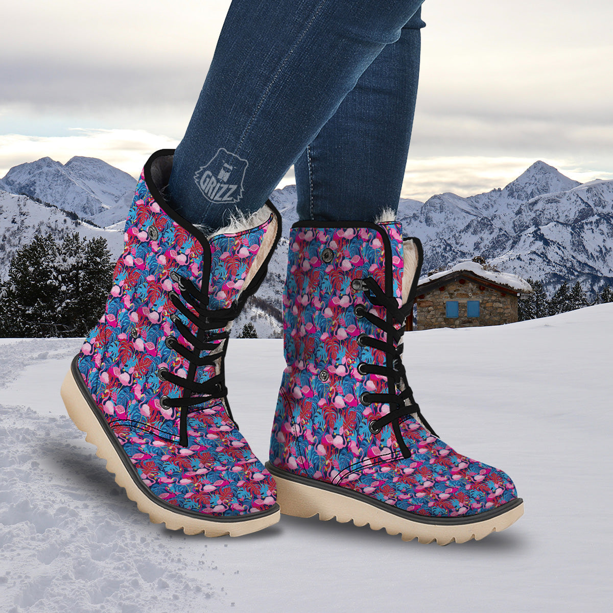 Tropical Blue And Pink Flamingo Print Snow Boots-grizzshop
