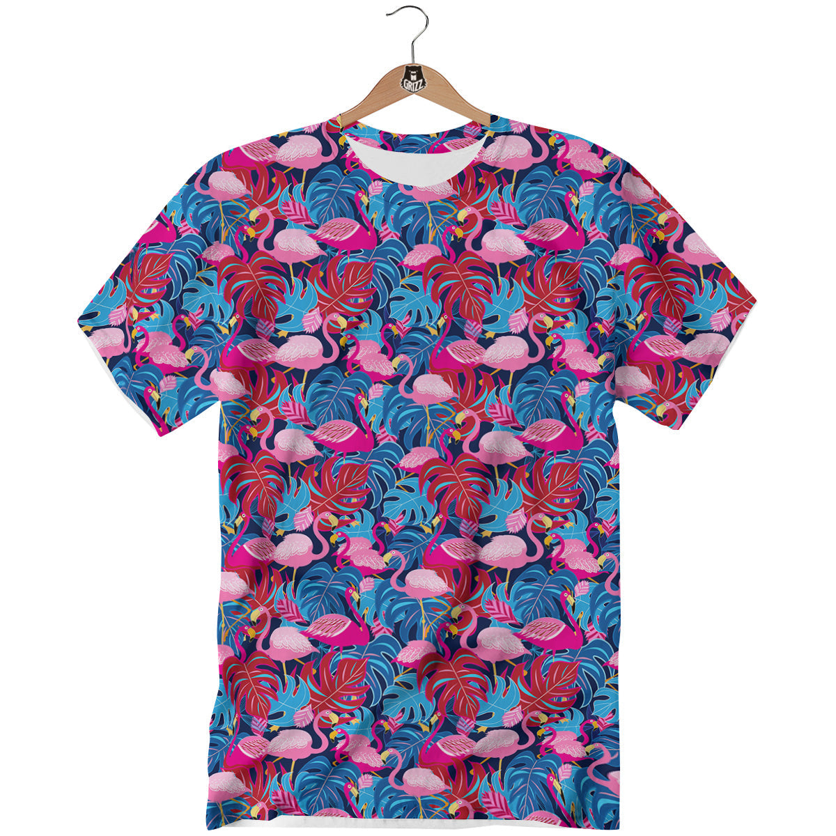 Tropical Blue And Pink Flamingo Print T-Shirt-grizzshop