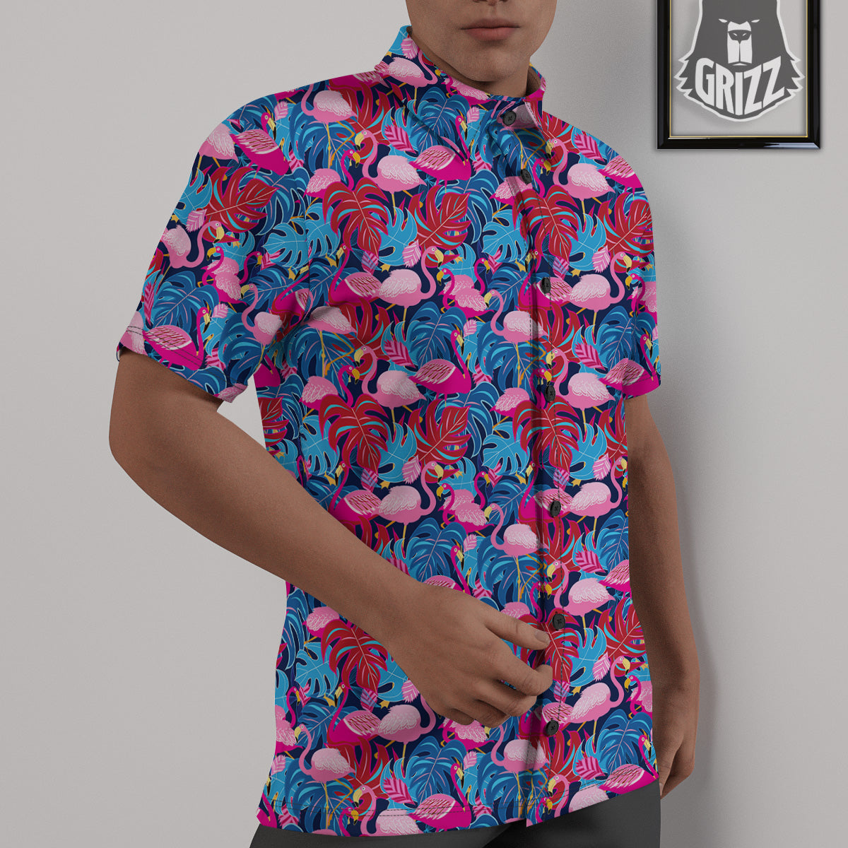 Tropical Blue And Pink Flamingo Print Untucked Shirts-grizzshop