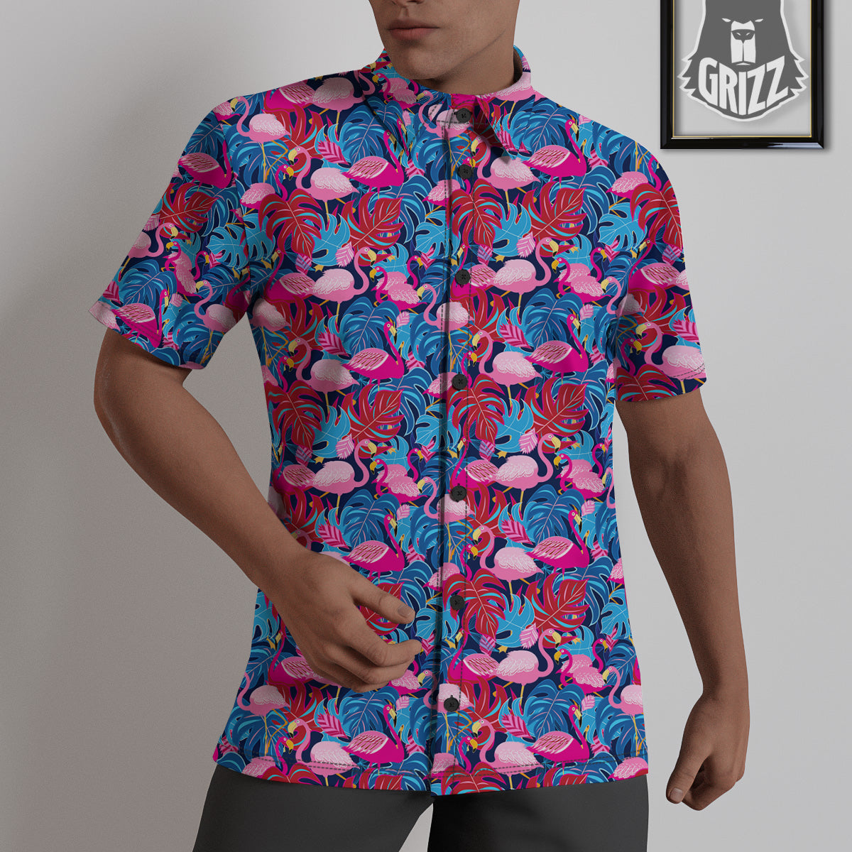 Tropical Blue And Pink Flamingo Print Untucked Shirts-grizzshop