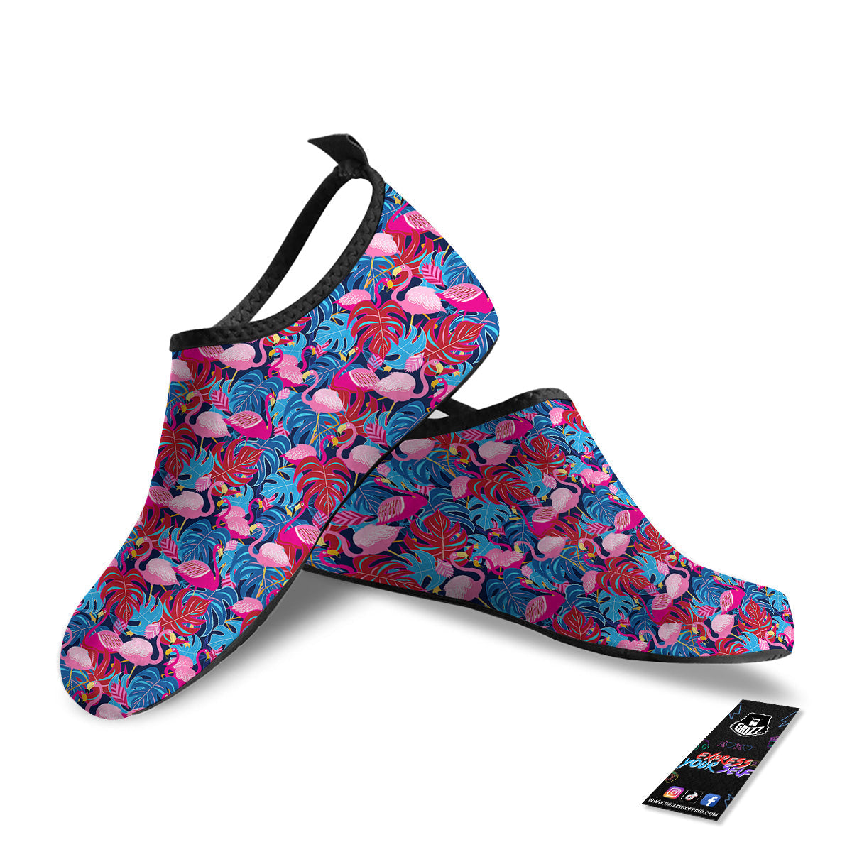 Tropical Blue And Pink Flamingo Print Water Shoes-grizzshop