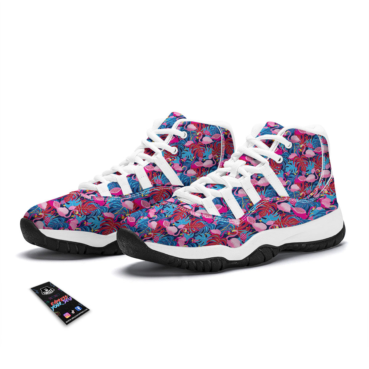 Tropical Blue And Pink Flamingo Print White Bball Shoes-grizzshop