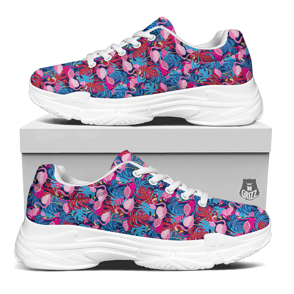 Tropical Blue And Pink Flamingo Print White Chunky Shoes-grizzshop