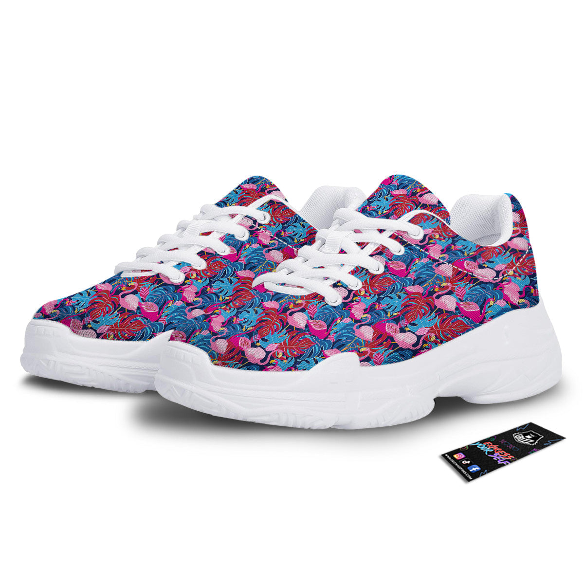 Tropical Blue And Pink Flamingo Print White Chunky Shoes-grizzshop