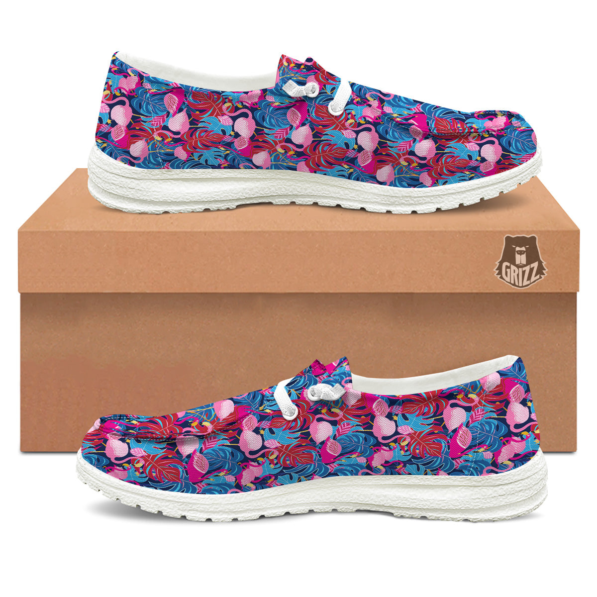 Tropical Blue And Pink Flamingo Print White Loafers-grizzshop