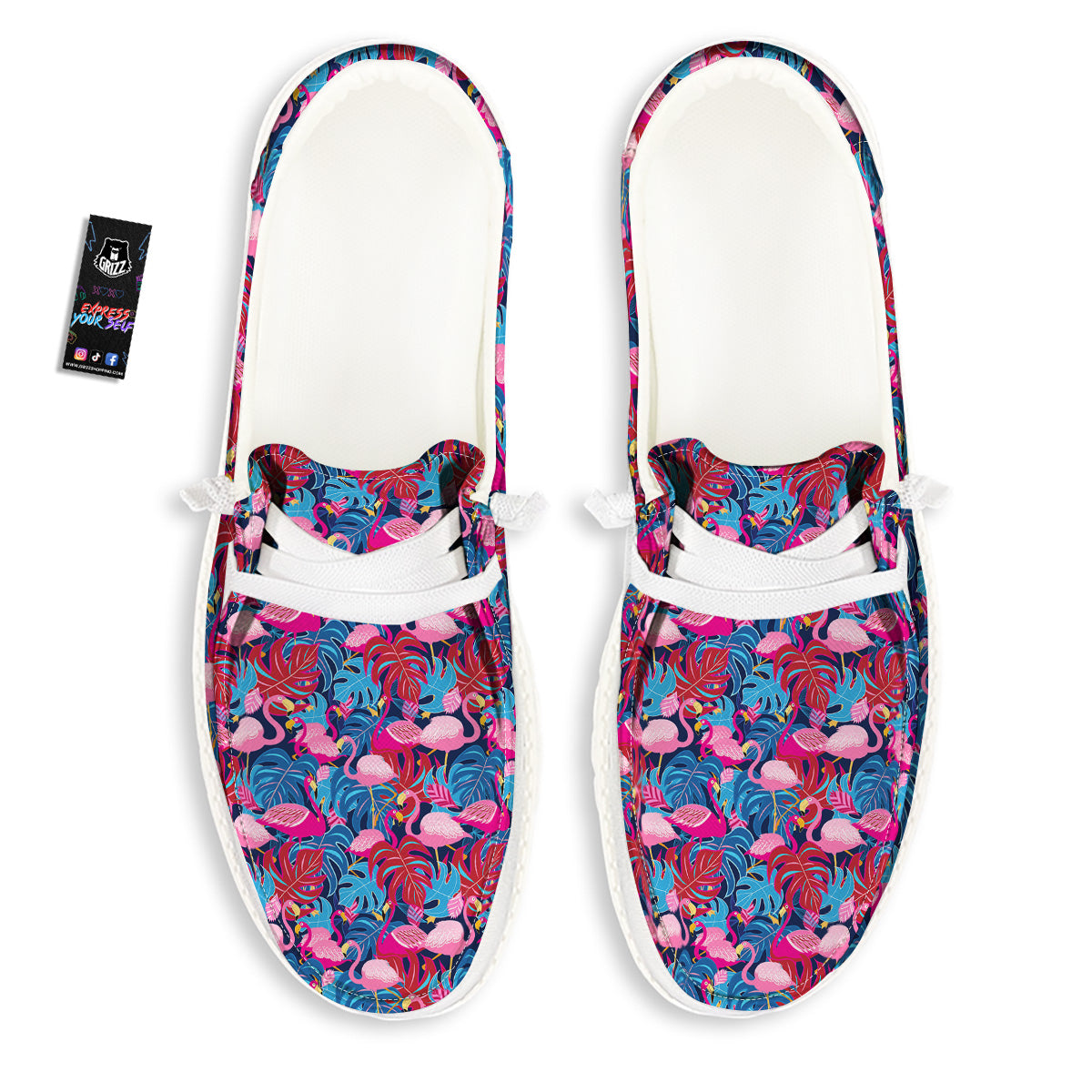 Tropical Blue And Pink Flamingo Print White Loafers-grizzshop