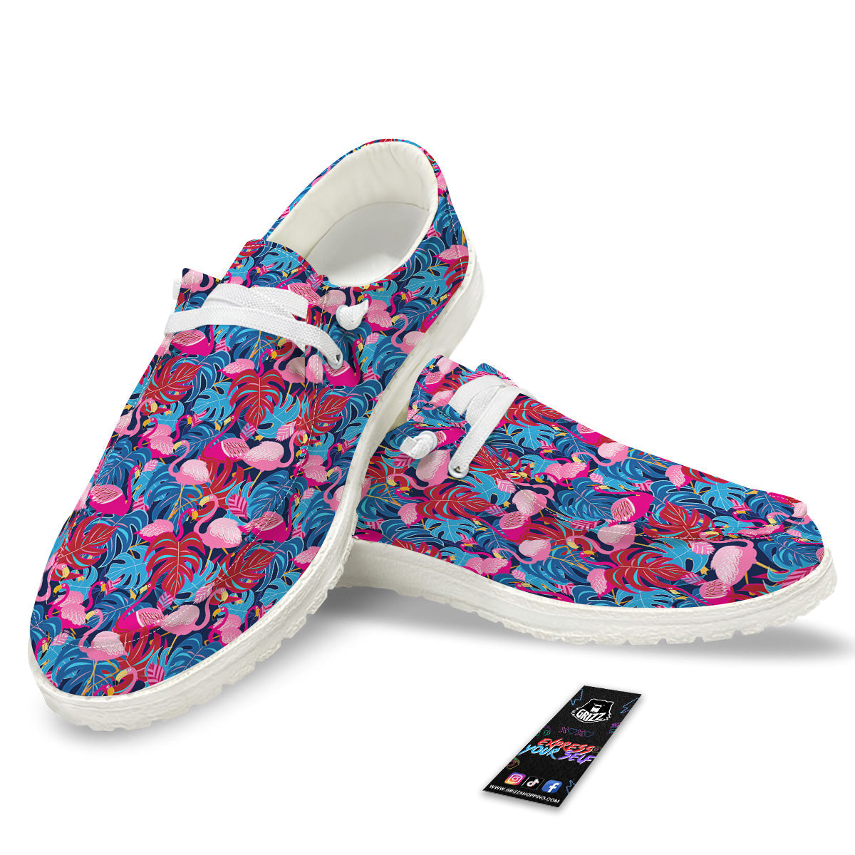 Tropical Blue And Pink Flamingo Print White Loafers-grizzshop