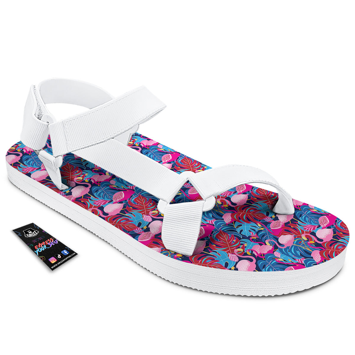 Tropical Blue And Pink Flamingo Print White Open Toe Sandals-grizzshop
