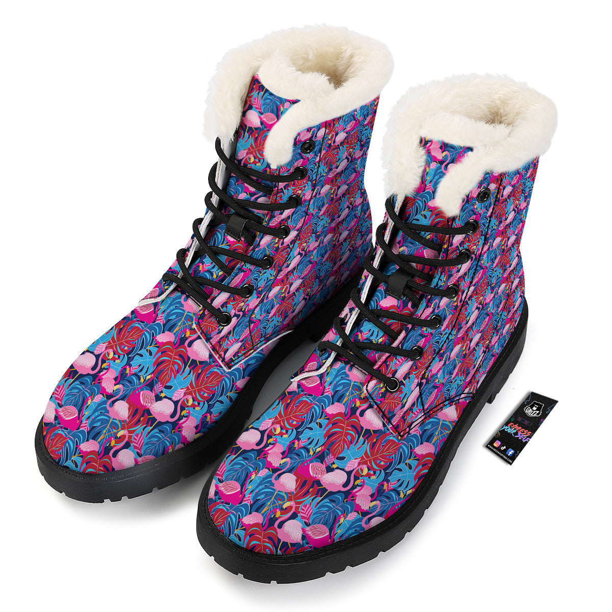 Tropical Blue And Pink Flamingo Print Winter Boots-grizzshop