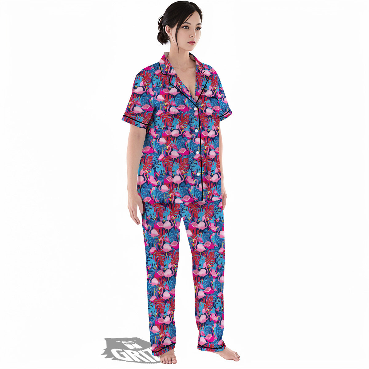 Tropical Blue And Pink Flamingo Print Women's Pajamas Set-grizzshop
