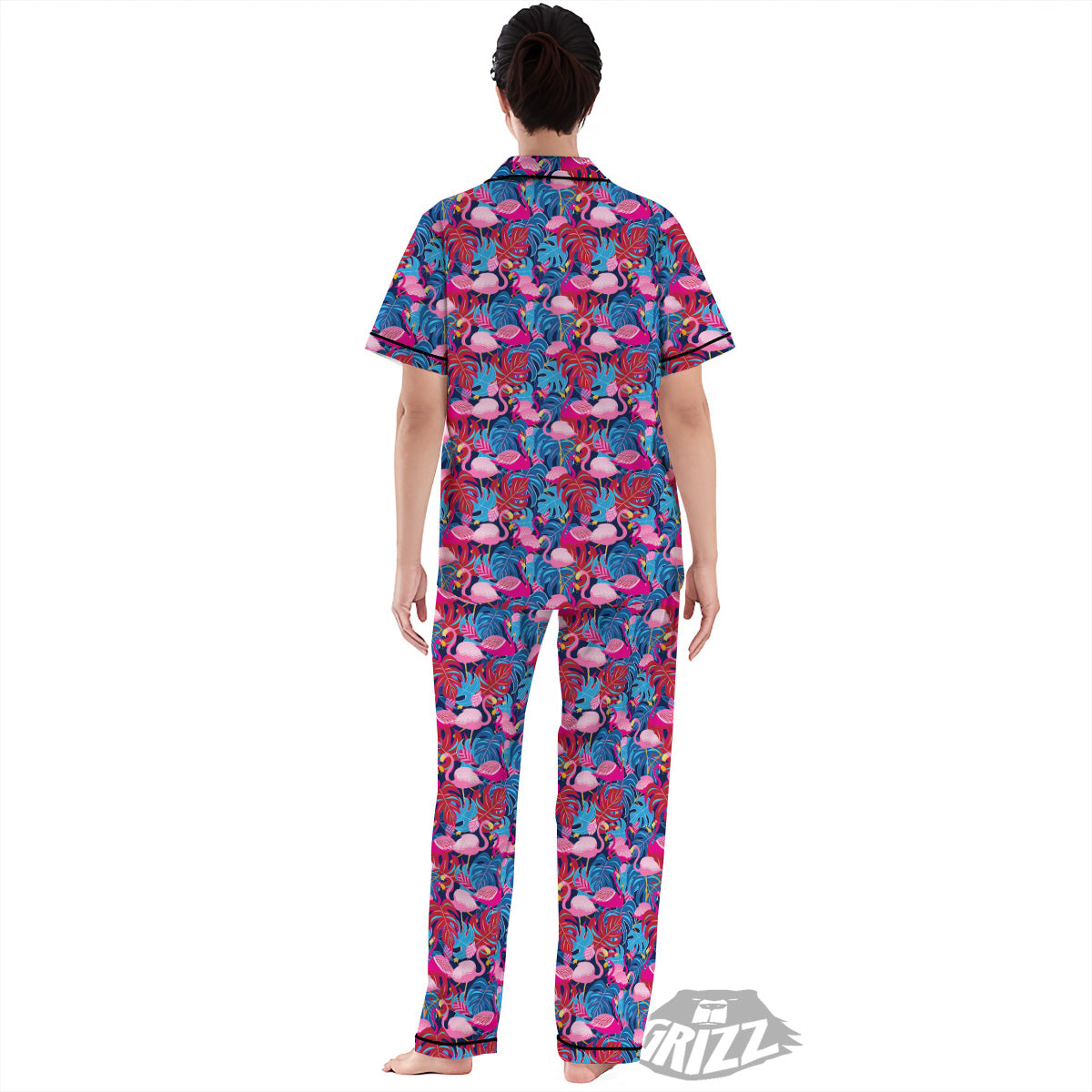 Tropical Blue And Pink Flamingo Print Women's Pajamas Set-grizzshop