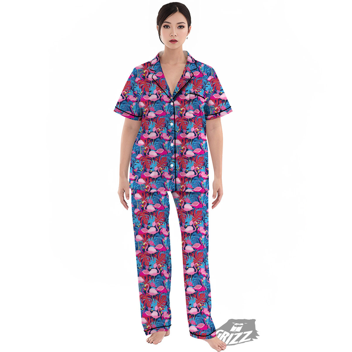 Tropical Blue And Pink Flamingo Print Women's Pajamas Set-grizzshop