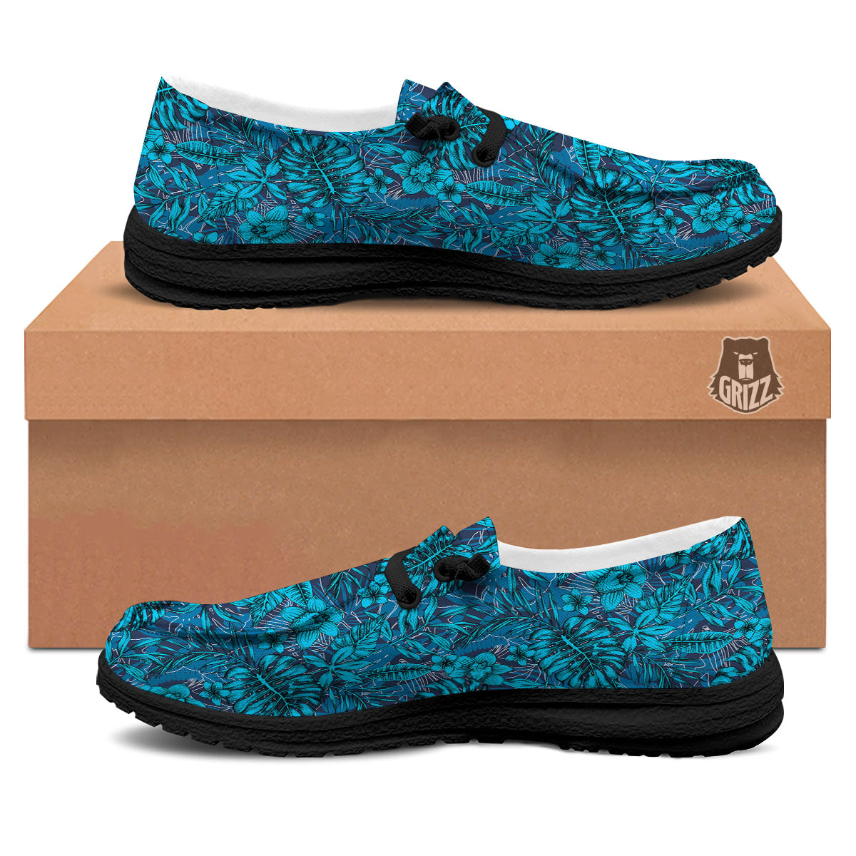 Tropical Blue Hawaiian Print Pattern Black Loafers-grizzshop