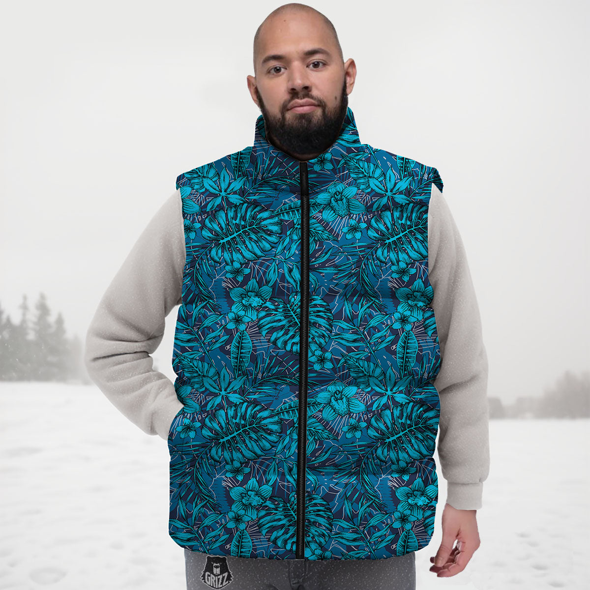 Tropical Blue Hawaiian Print Pattern Down Vest