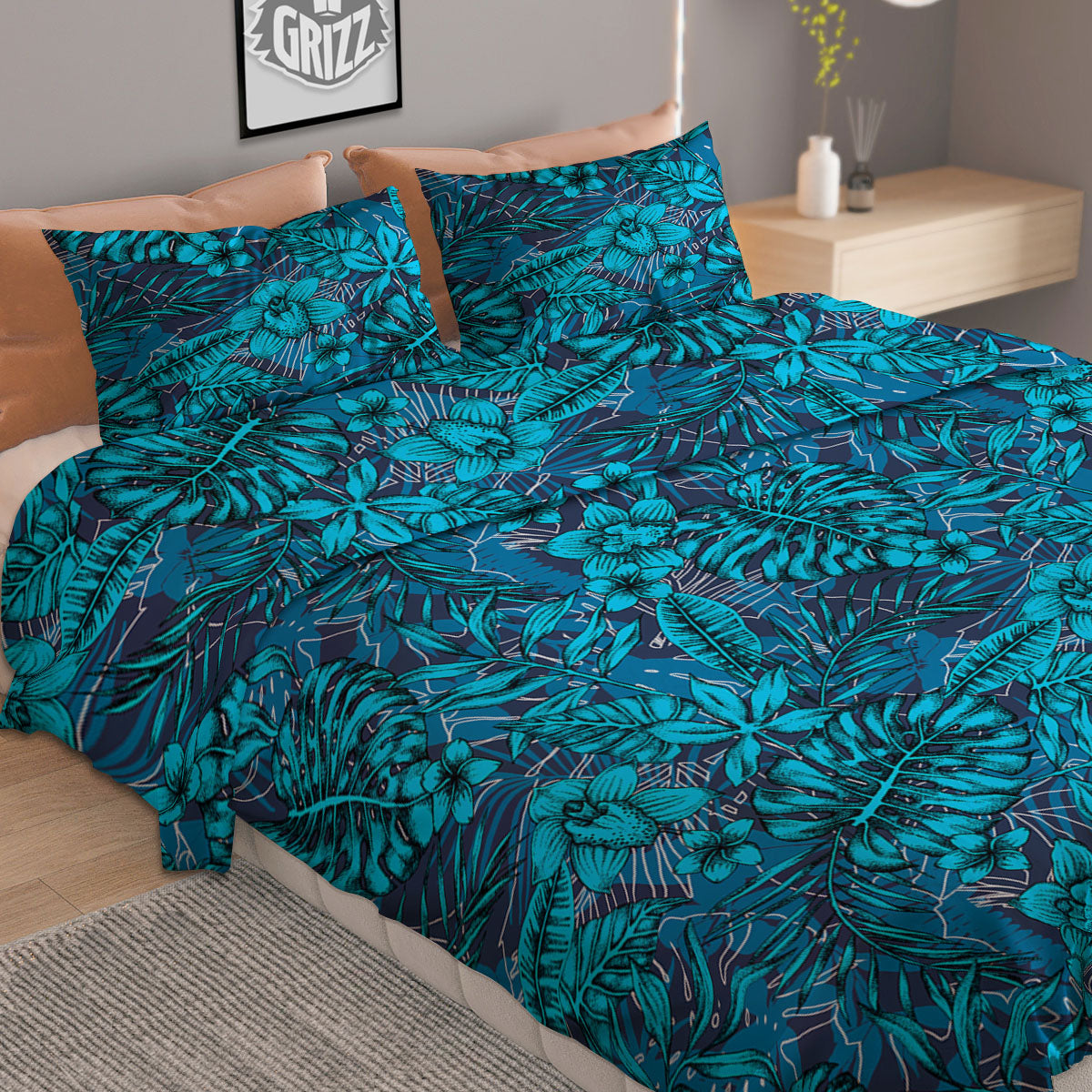 Tropical Blue Hawaiian Print Pattern Duvet Cover Bedding Set