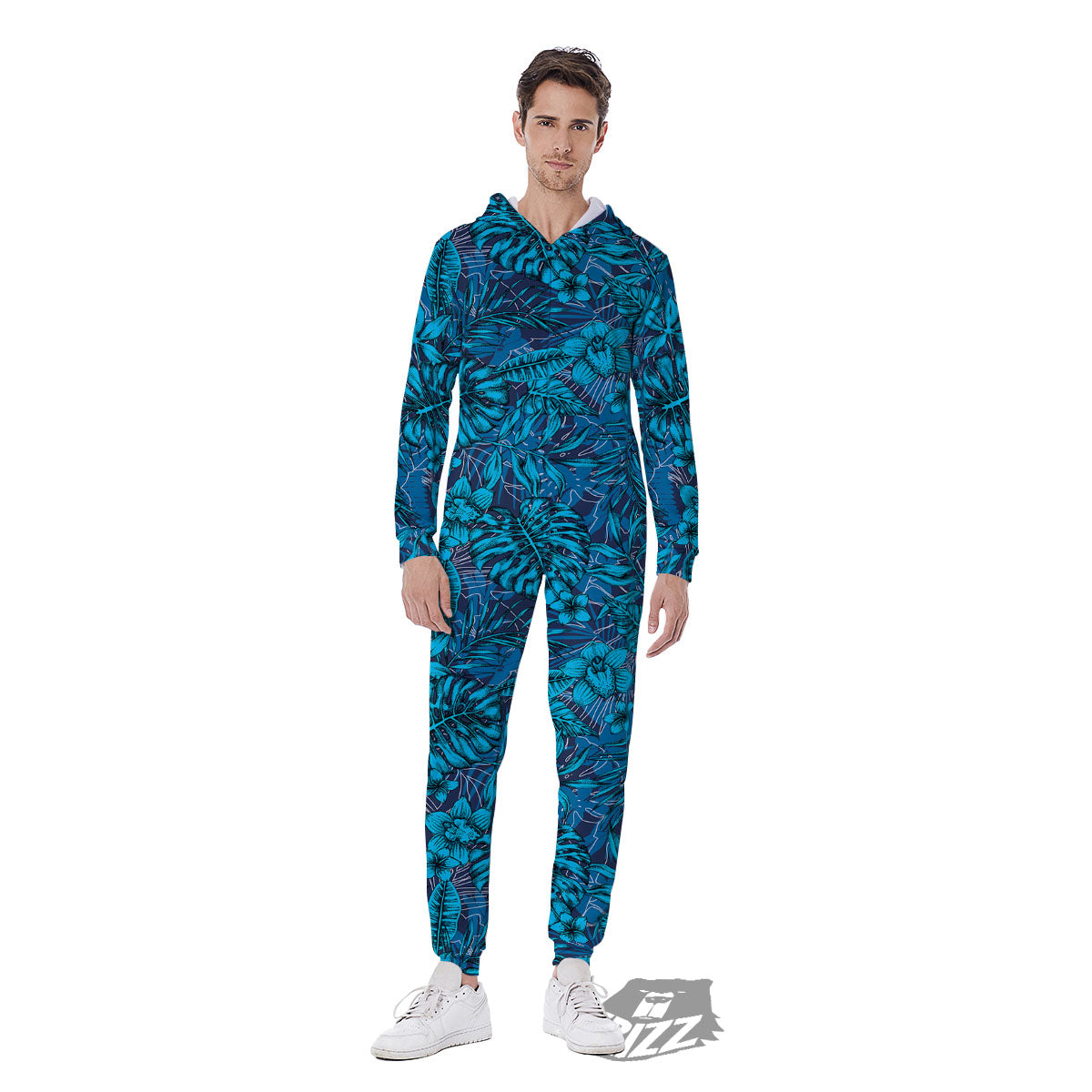 Tropical Blue Hawaiian Print Pattern Men's Jumpsuit-grizzshop