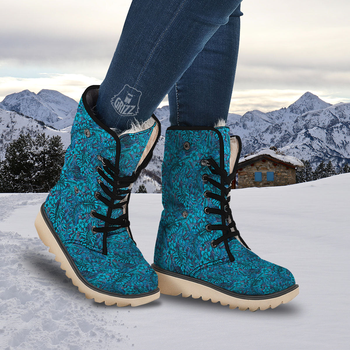 Tropical Blue Hawaiian Print Pattern Snow Boots-grizzshop