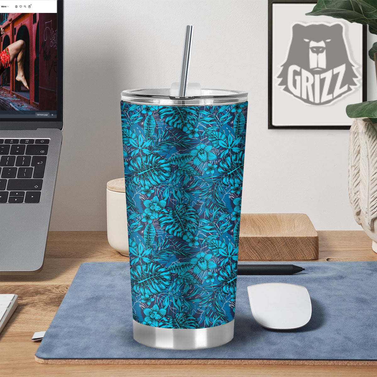 Tropical Blue Hawaiian Print Pattern Tumbler-grizzshop