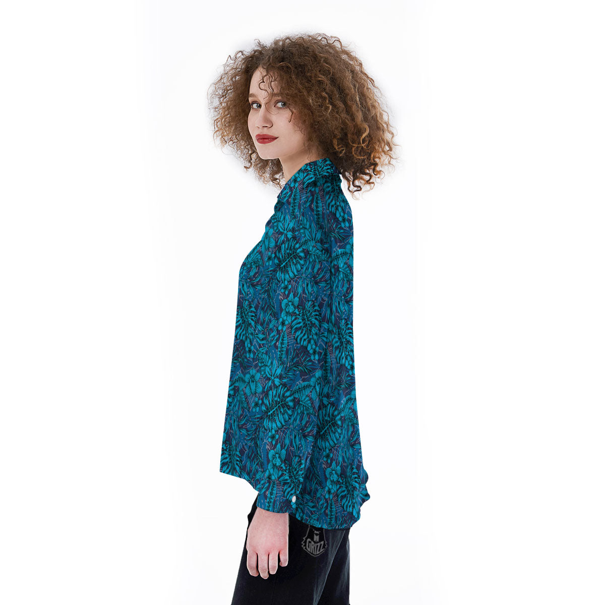 Tropical Blue Hawaiian Print Pattern Women's Long Sleeve Shirts-grizzshop
