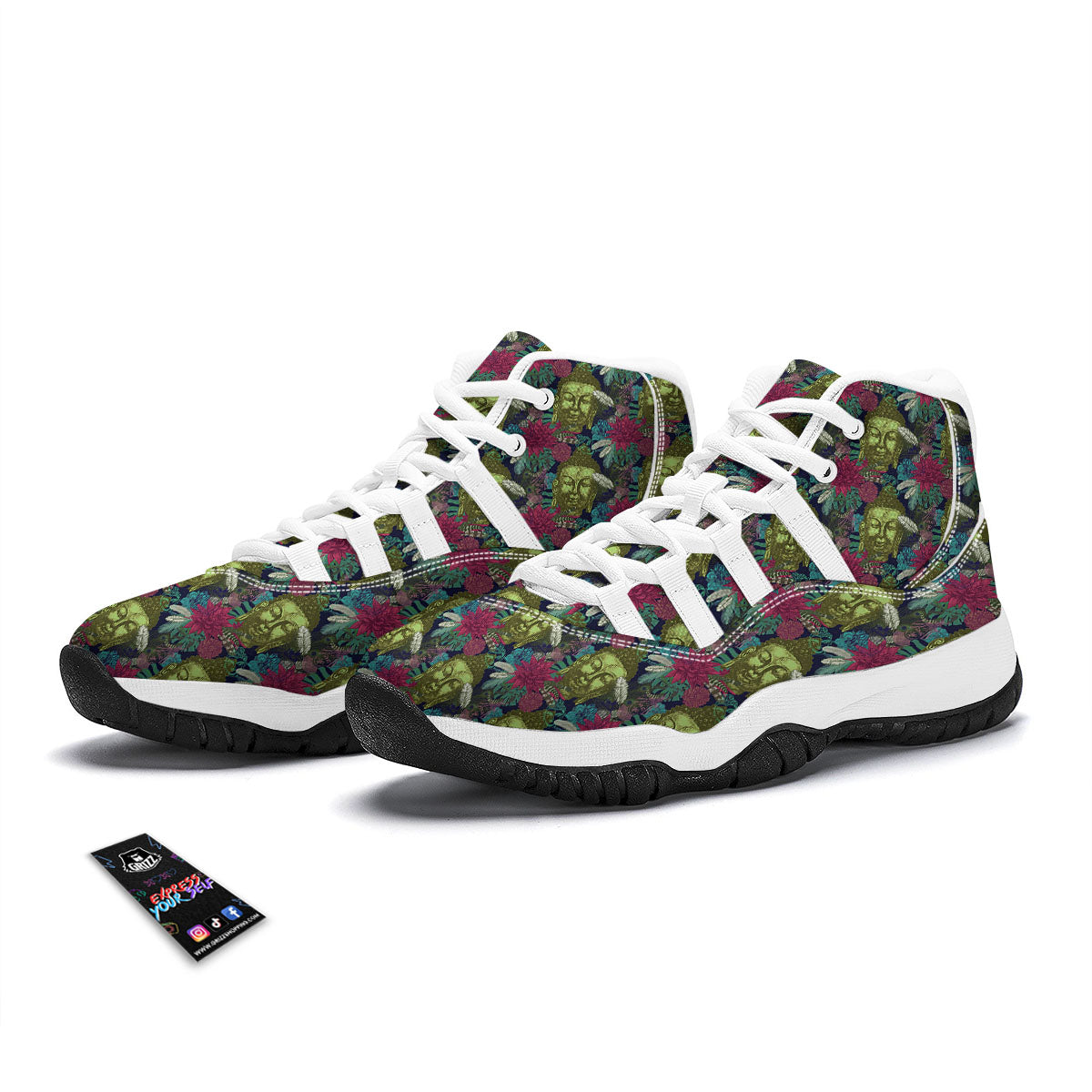 Tropical Buddha Pattern Print White Bball Shoes-grizzshop