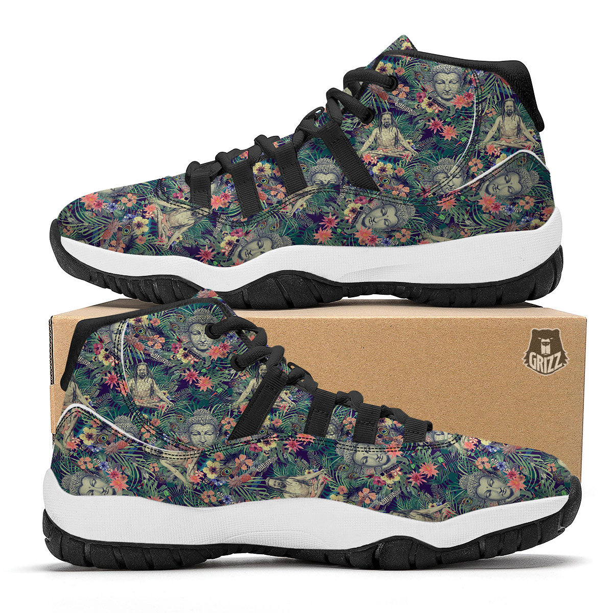 Tropical Buddha Print Black Bball Shoes-grizzshop