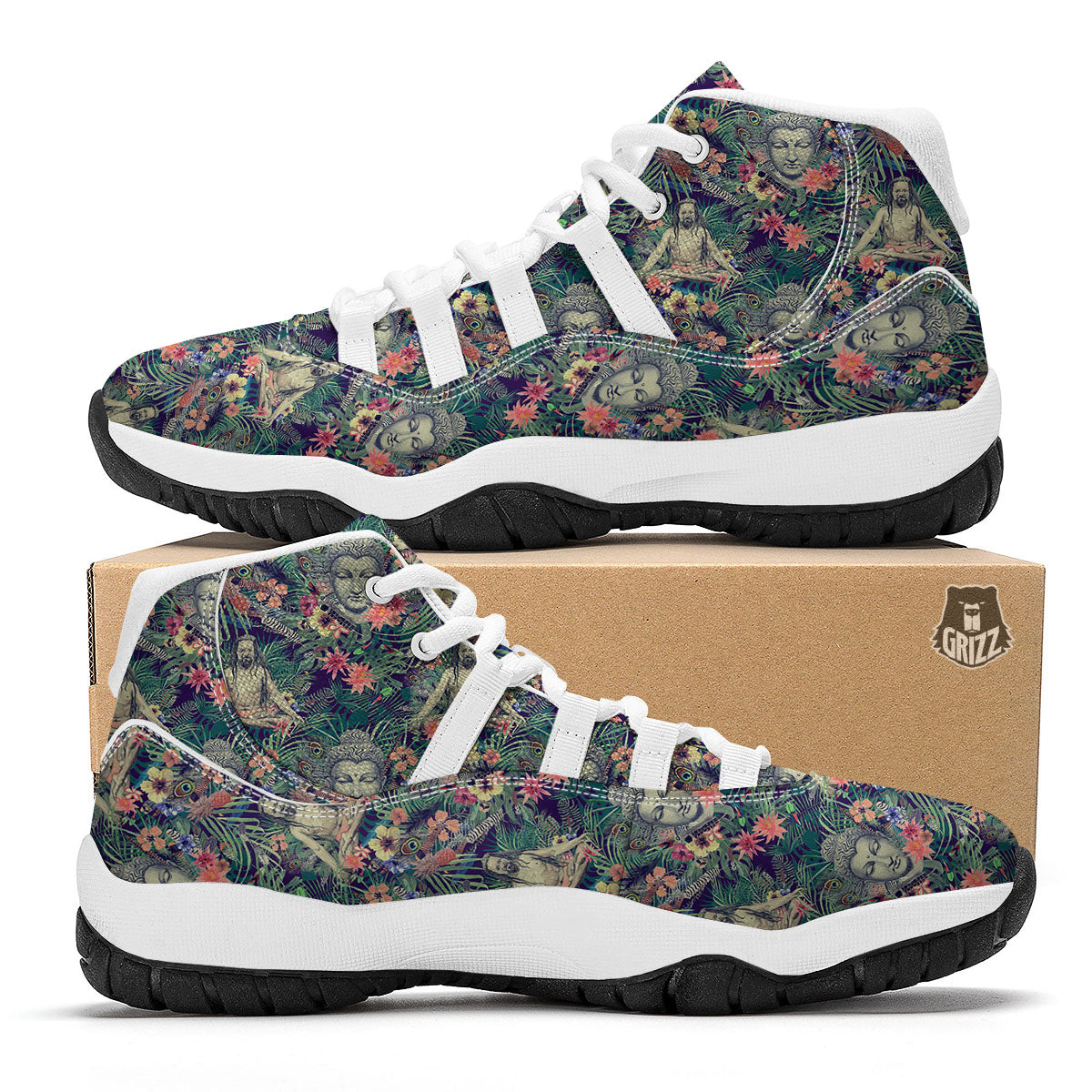 Tropical Buddha Print White Bball Shoes-grizzshop