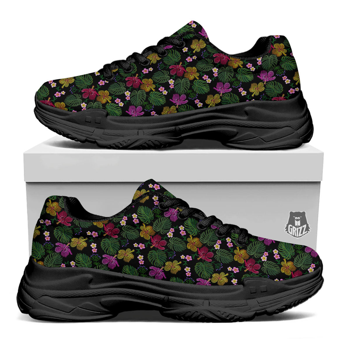 Tropical Embroidery Print Pattern Black Chunky Shoes-grizzshop