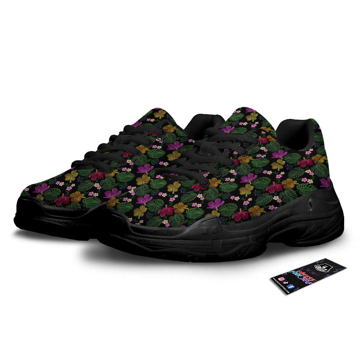 Tropical Embroidery Print Pattern Black Chunky Shoes-grizzshop