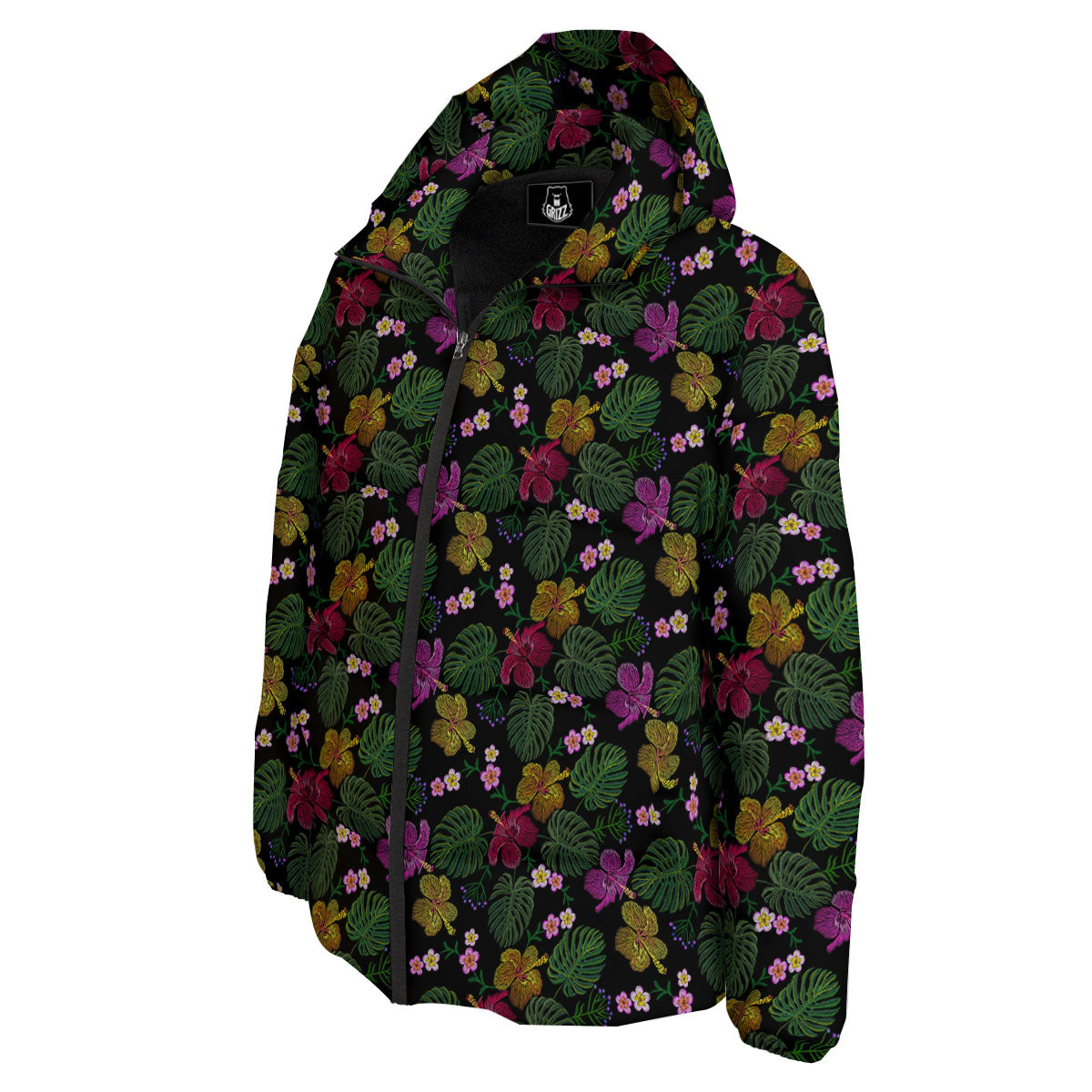 Tropical Embroidery Print Pattern Down Jacket-grizzshop
