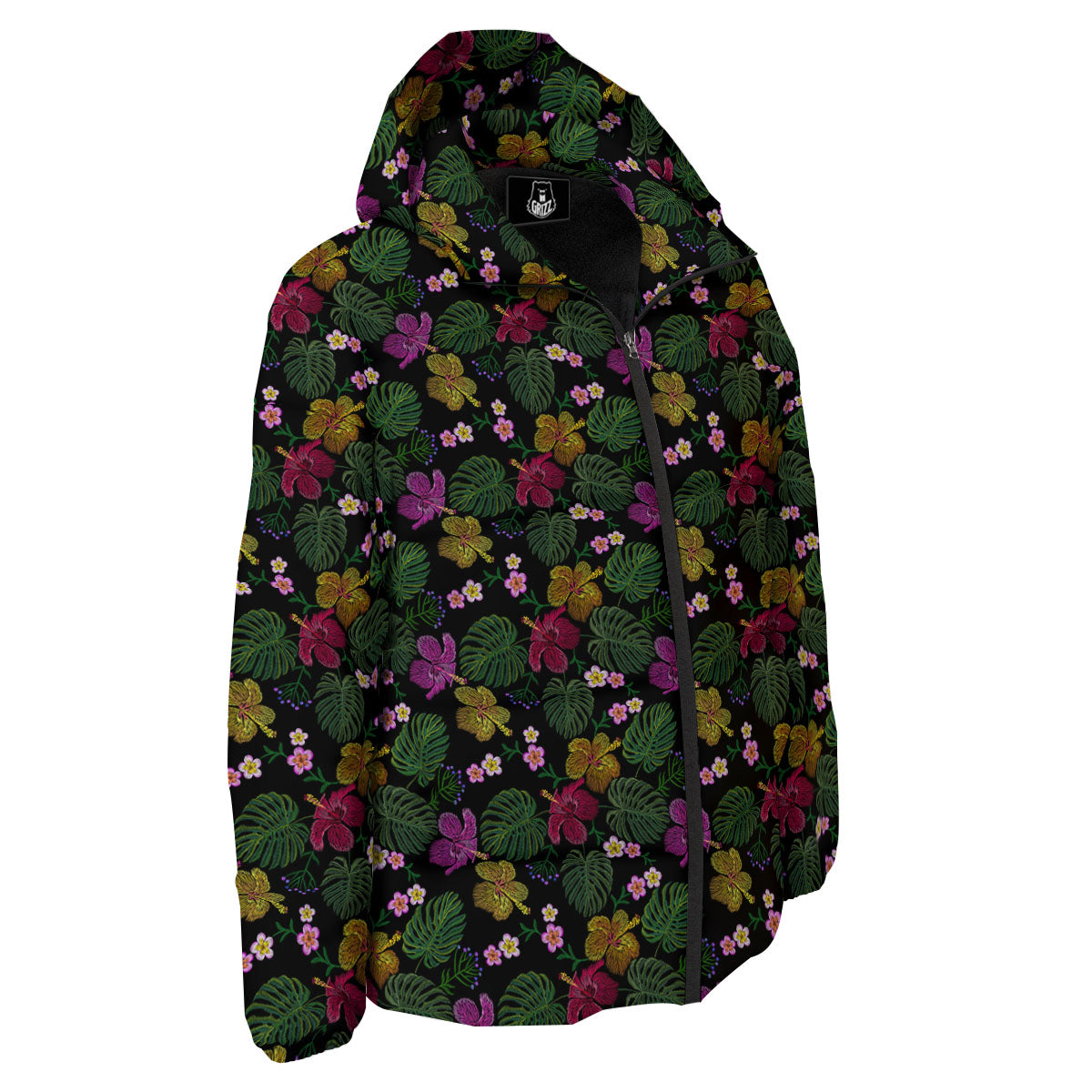Tropical Embroidery Print Pattern Down Jacket-grizzshop