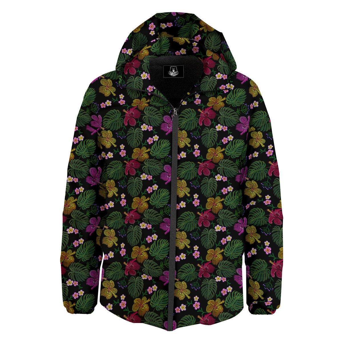 Tropical Embroidery Print Pattern Down Jacket-grizzshop