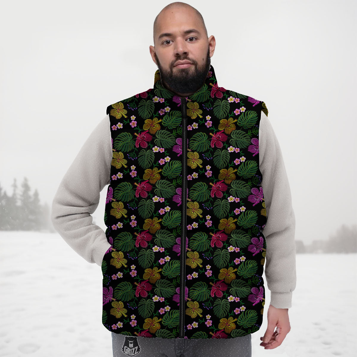 Tropical Embroidery Print Pattern Down Vest-grizzshop