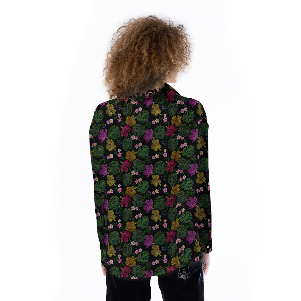 Tropical Embroidery Print Pattern Women's Long Sleeve Shirts-grizzshop
