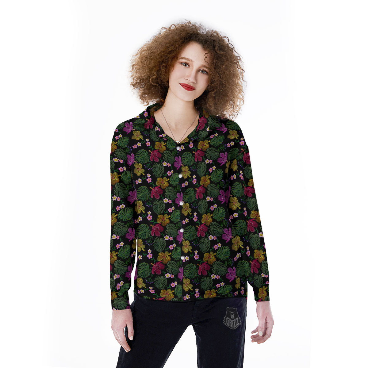 Tropical Embroidery Print Pattern Women's Long Sleeve Shirts-grizzshop