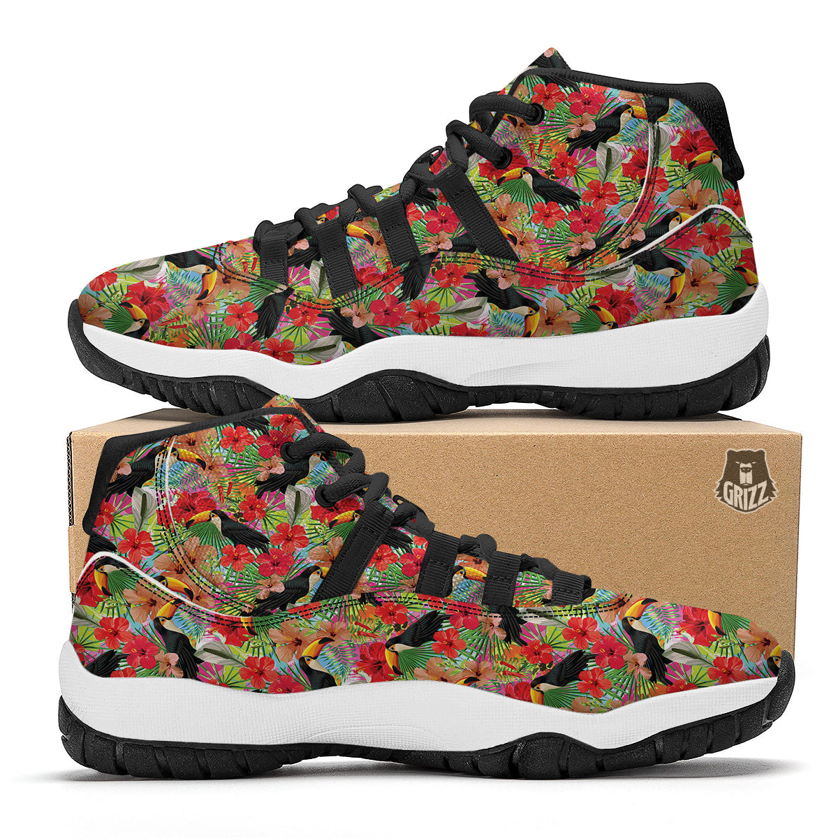 Tropical Exotic Hibiscus Bird Black Bball Shoes-grizzshop