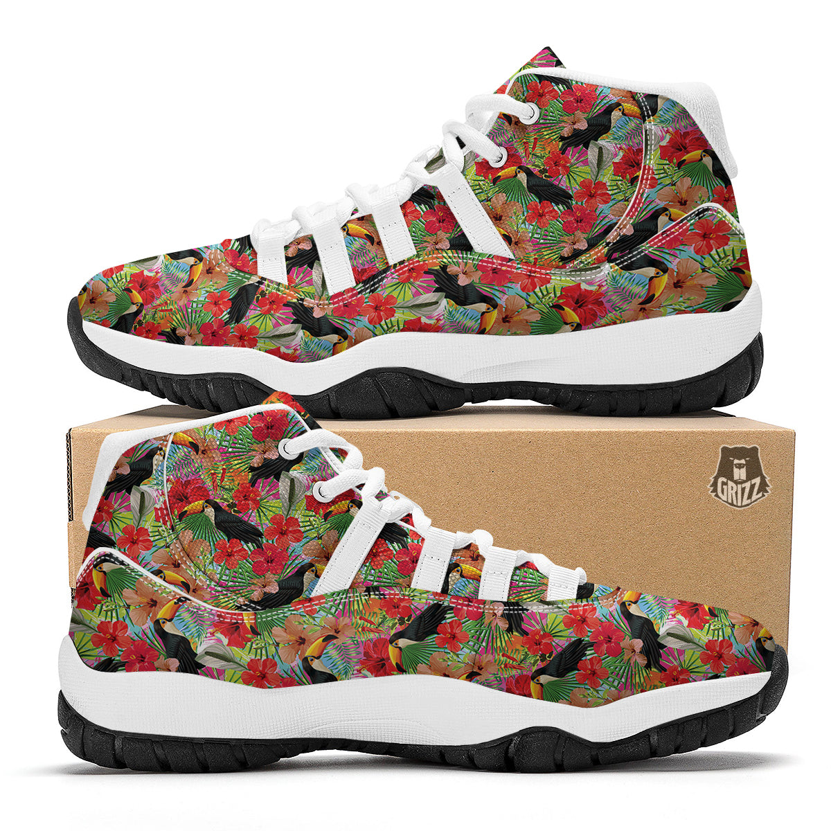 Tropical Exotic Hibiscus Bird White Bball Shoes-grizzshop
