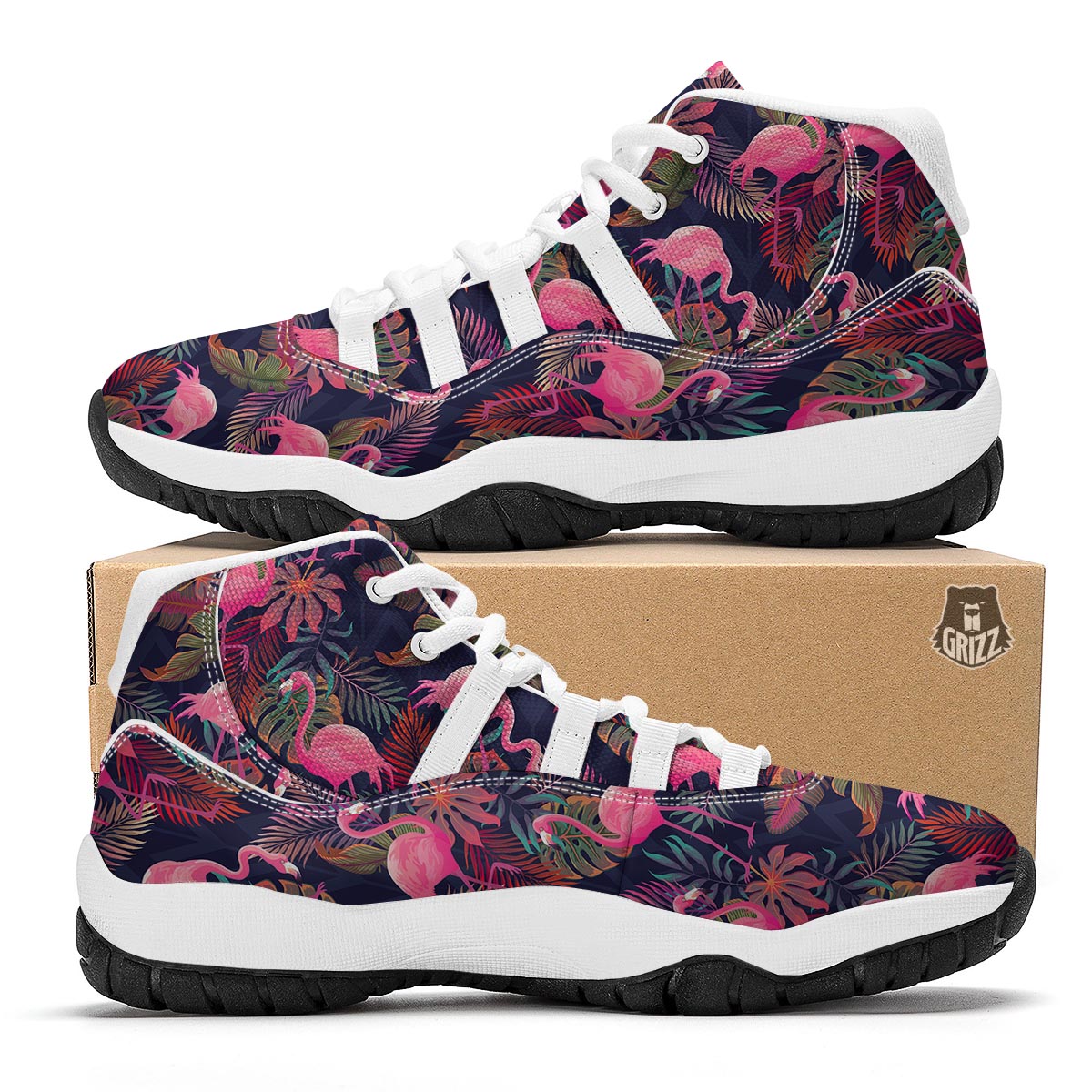 Tropical Flamingo Palm Leaves Hawaiian Floral Pattern Print White Bball Shoes-grizzshop