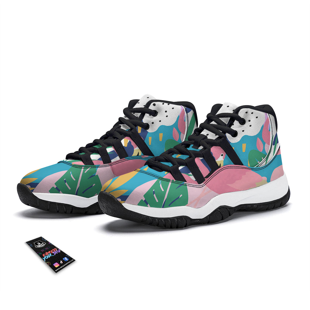 Tropical Flamingo Palm Leaves Hawaiian Pattern Print Black Bball Shoes-grizzshop