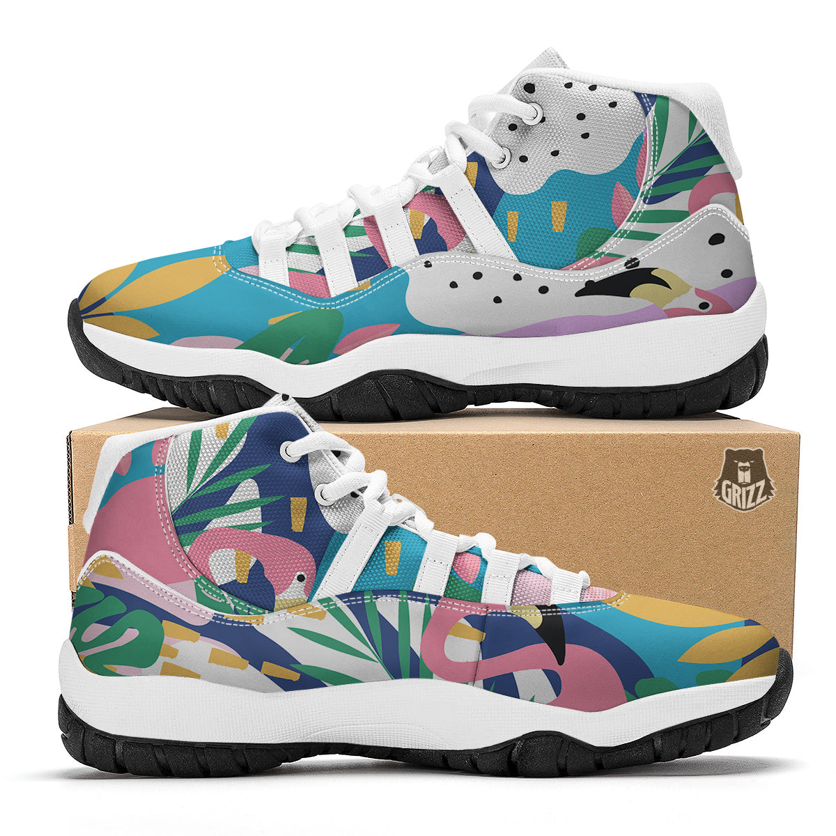 Tropical Flamingo Palm Leaves Hawaiian Pattern Print White Bball Shoes-grizzshop