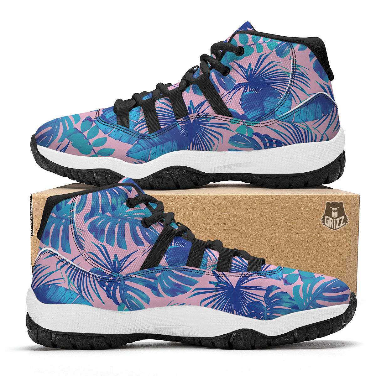 Tropical Floral Hawaiian Palm Leaves Pattern Print Black Bball Shoes-grizzshop
