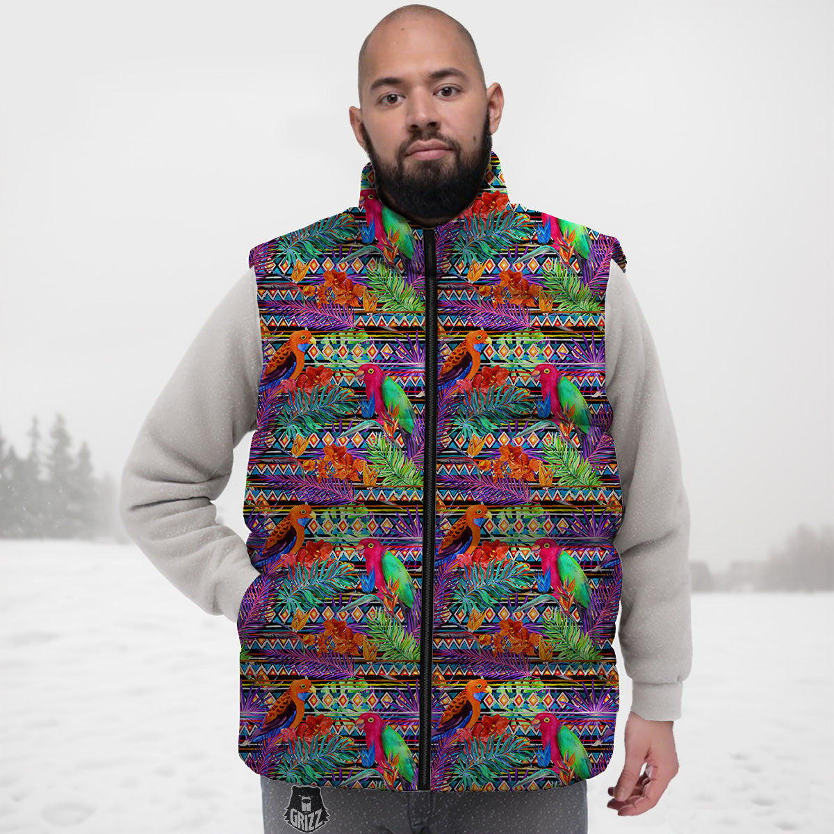 Tropical Floral Hawaiian Palm Leaves Pattern Print Down Vest-grizzshop