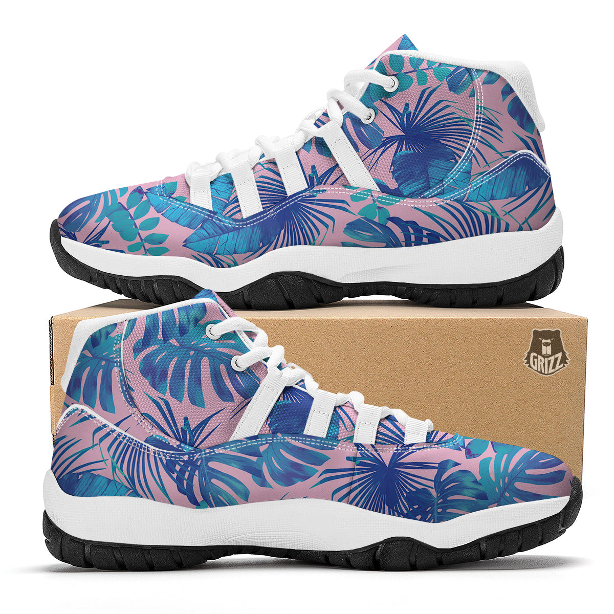 Tropical Floral Hawaiian Palm Leaves Pattern Print White Bball Shoes-grizzshop