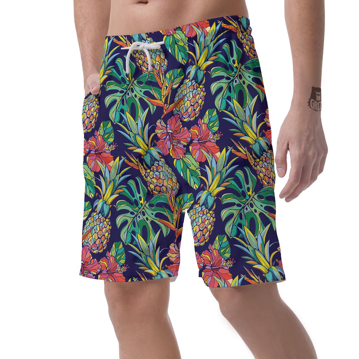 Tropical Floral Pineapple Print Men's Shorts-grizzshop