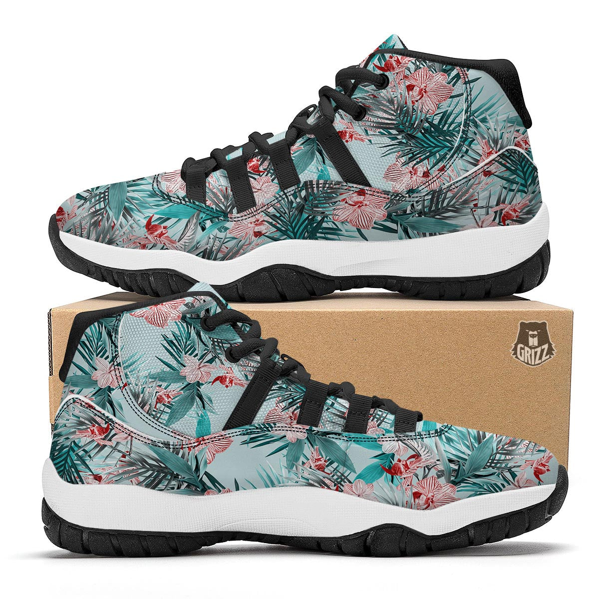 Tropical Floral Pink And Teal Print Pattern Black Bball Shoes-grizzshop