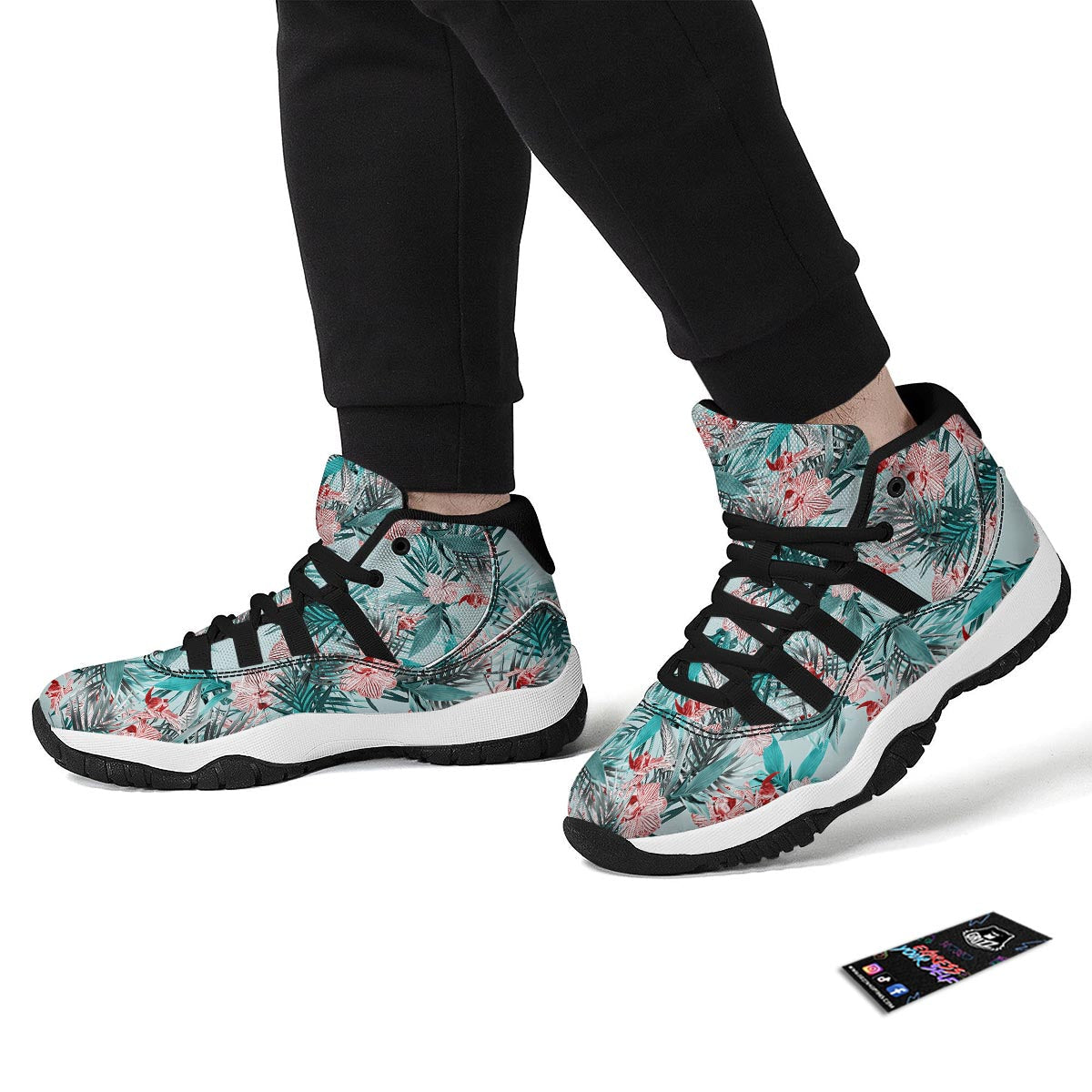 Tropical Floral Pink And Teal Print Pattern Black Bball Shoes-grizzshop