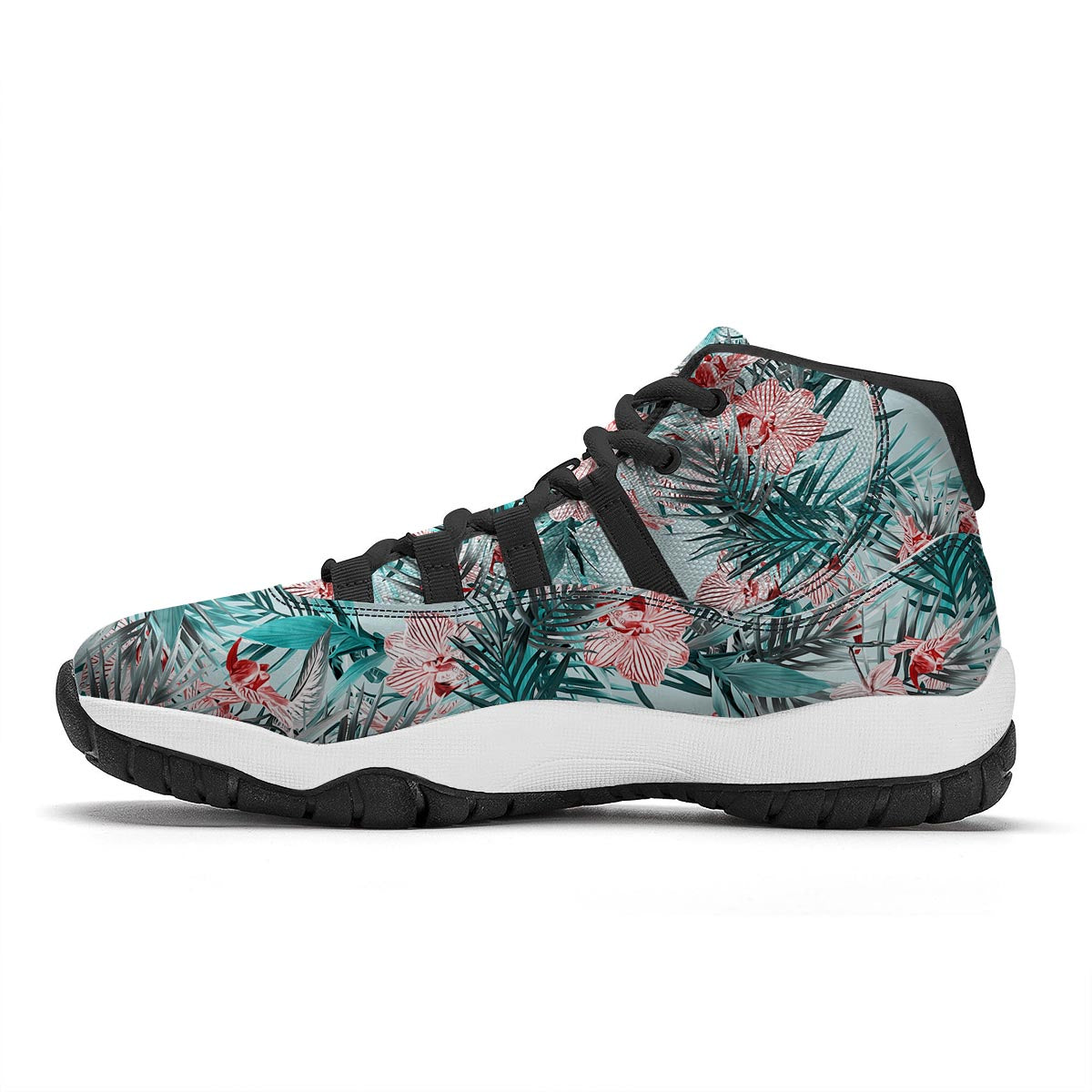 Tropical Floral Pink And Teal Print Pattern Black Bball Shoes-grizzshop