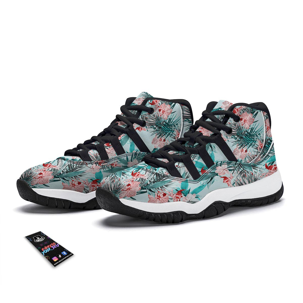 Tropical Floral Pink And Teal Print Pattern Black Bball Shoes-grizzshop