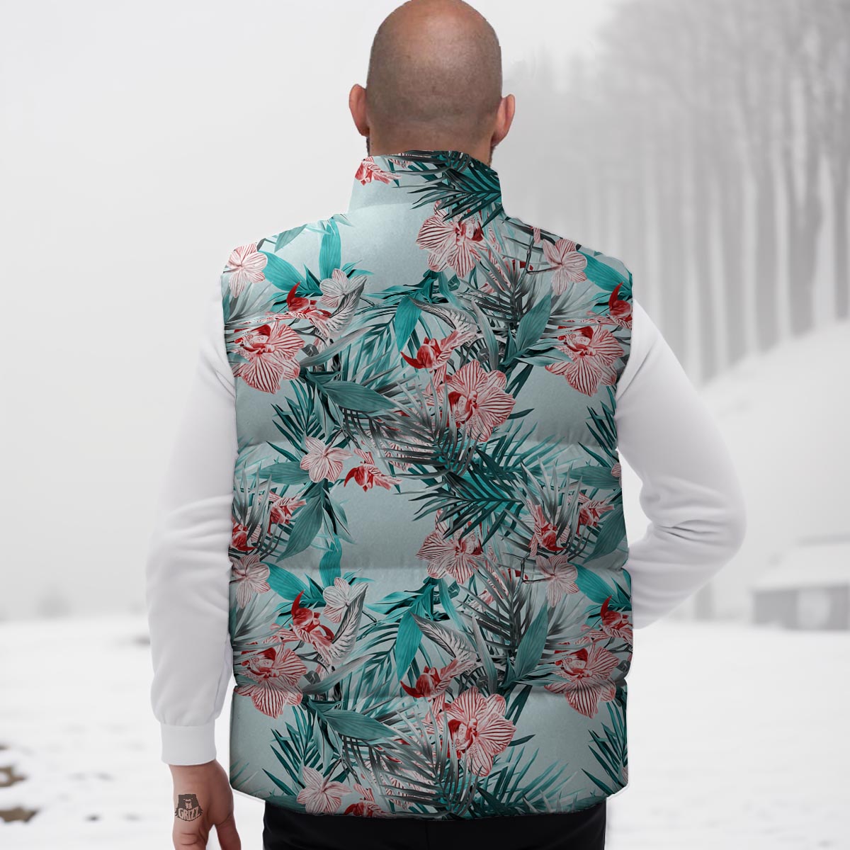 Tropical Floral Pink And Teal Print Pattern Down Vest-grizzshop