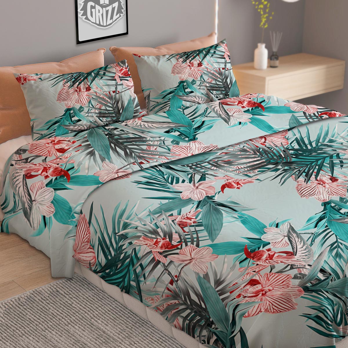 Tropical Floral Pink And Teal Print Pattern Duvet Cover Bedding Set